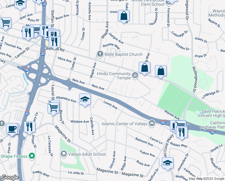 map of restaurants, bars, coffee shops, grocery stores, and more near 1008 Taylor Avenue in Vallejo