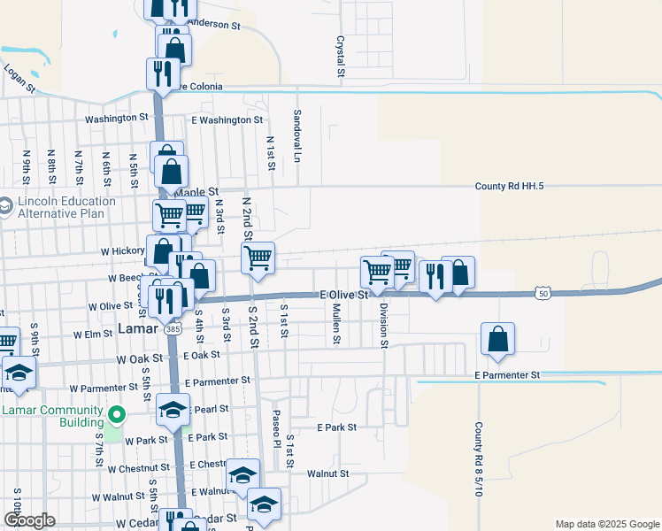 map of restaurants, bars, coffee shops, grocery stores, and more near 700 East Beech Street in Lamar