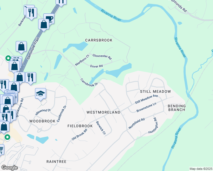 map of restaurants, bars, coffee shops, grocery stores, and more near 390 Carrsbrook Drive in Charlottesville