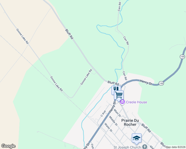 map of restaurants, bars, coffee shops, grocery stores, and more near 7671 Bluff Road in Prairie du Rocher