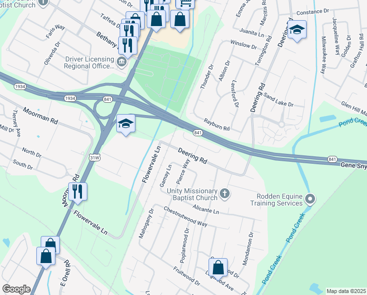 map of restaurants, bars, coffee shops, grocery stores, and more near 11606 Deering Road in Louisville