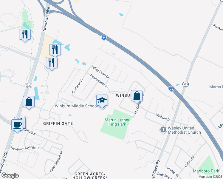 map of restaurants, bars, coffee shops, grocery stores, and more near 1093 Winburn Drive in Lexington