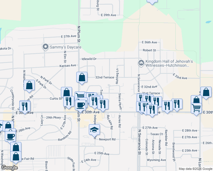 map of restaurants, bars, coffee shops, grocery stores, and more near 32 Tomahawk Road in Hutchinson