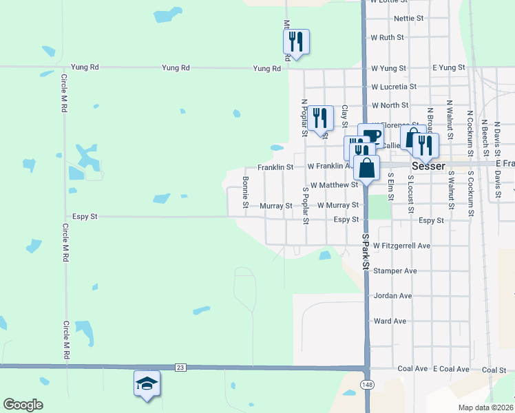 map of restaurants, bars, coffee shops, grocery stores, and more near 4984-5098 Murray Street in Sesser