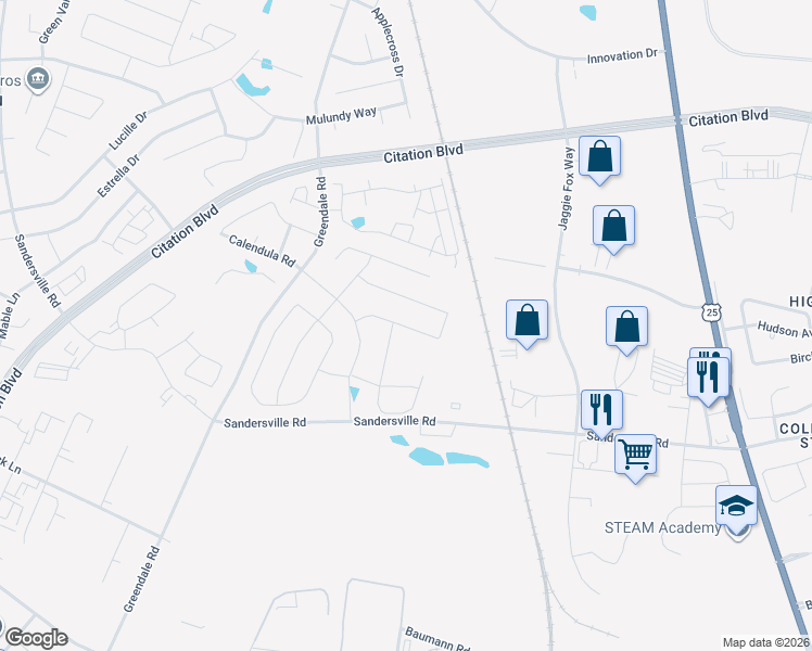 map of restaurants, bars, coffee shops, grocery stores, and more near 2405 Sandersville Road in Lexington