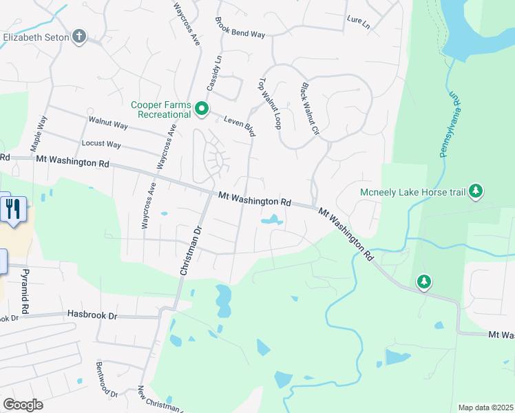 map of restaurants, bars, coffee shops, grocery stores, and more near 6204 Mount Washington Road in Louisville
