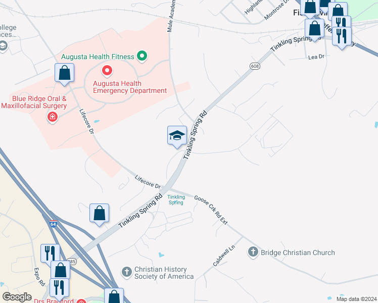 map of restaurants, bars, coffee shops, grocery stores, and more near Virginia 285 in Fishersville