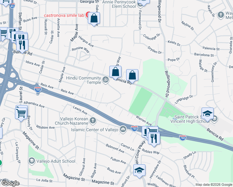 map of restaurants, bars, coffee shops, grocery stores, and more near 1232 Taylor Avenue in Vallejo
