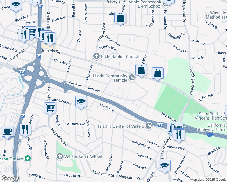 map of restaurants, bars, coffee shops, grocery stores, and more near 1008 Taylor Avenue in Vallejo