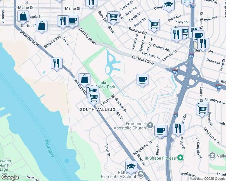 map of restaurants, bars, coffee shops, grocery stores, and more near 548 Sheridan Street in Vallejo