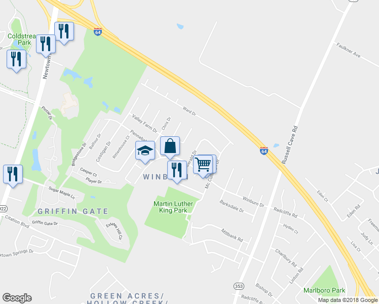 map of restaurants, bars, coffee shops, grocery stores, and more near in Lexington