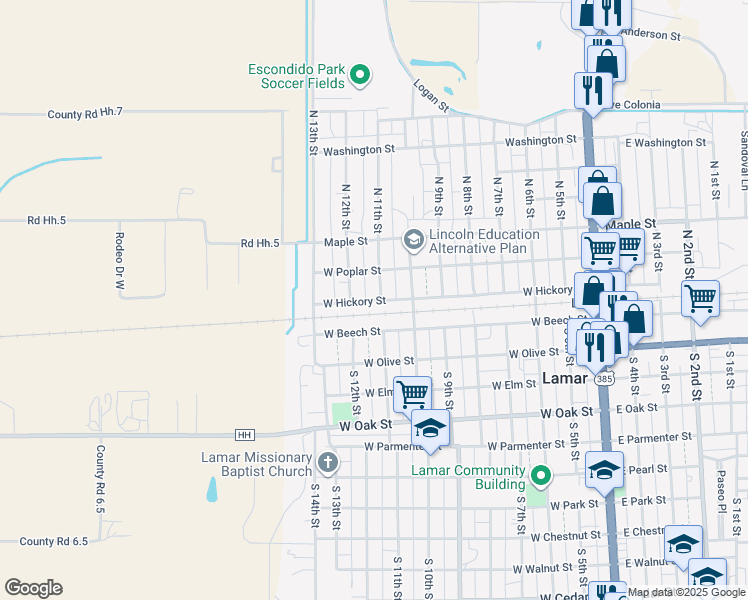 map of restaurants, bars, coffee shops, grocery stores, and more near 700-798 West Hickory Street in Lamar