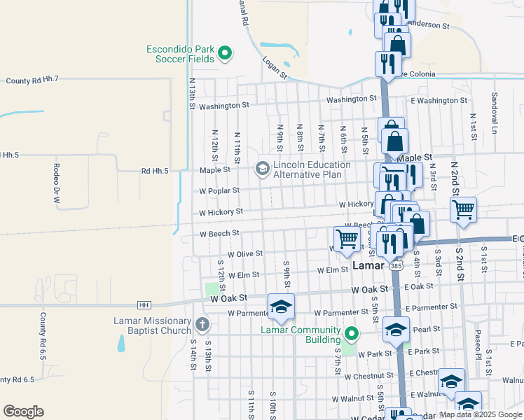 map of restaurants, bars, coffee shops, grocery stores, and more near 700 West Hickory Street in Lamar