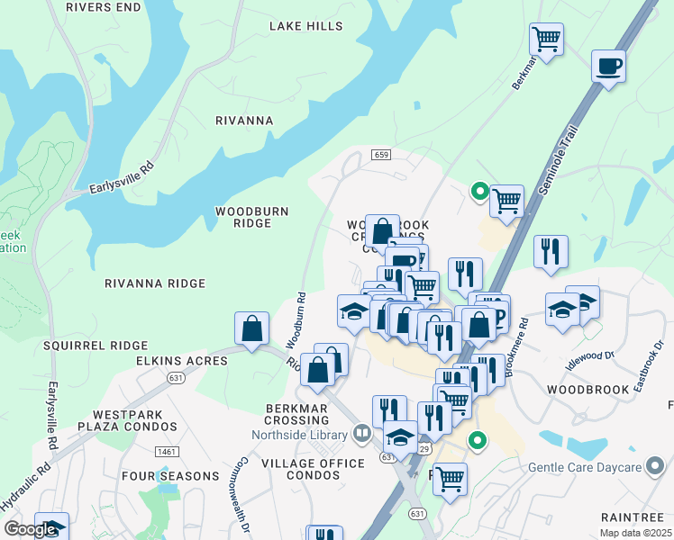 map of restaurants, bars, coffee shops, grocery stores, and more near 3201 Berkmar Drive in Charlottesville