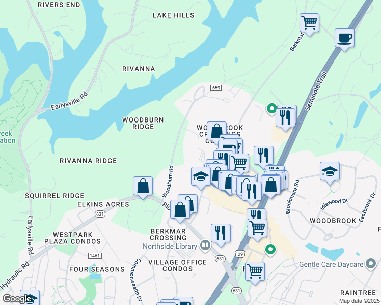 map of restaurants, bars, coffee shops, grocery stores, and more near 3201 Berkmar Drive in Charlottesville