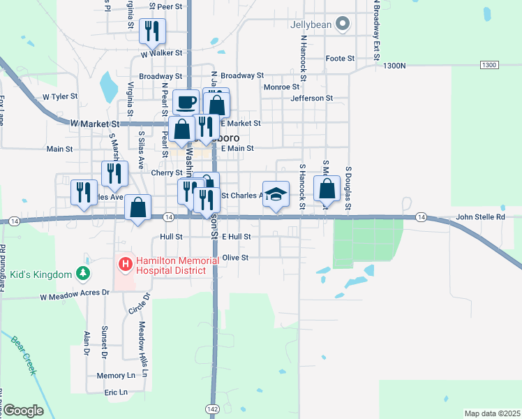 map of restaurants, bars, coffee shops, grocery stores, and more near 399 East Randolph Street in McLeansboro