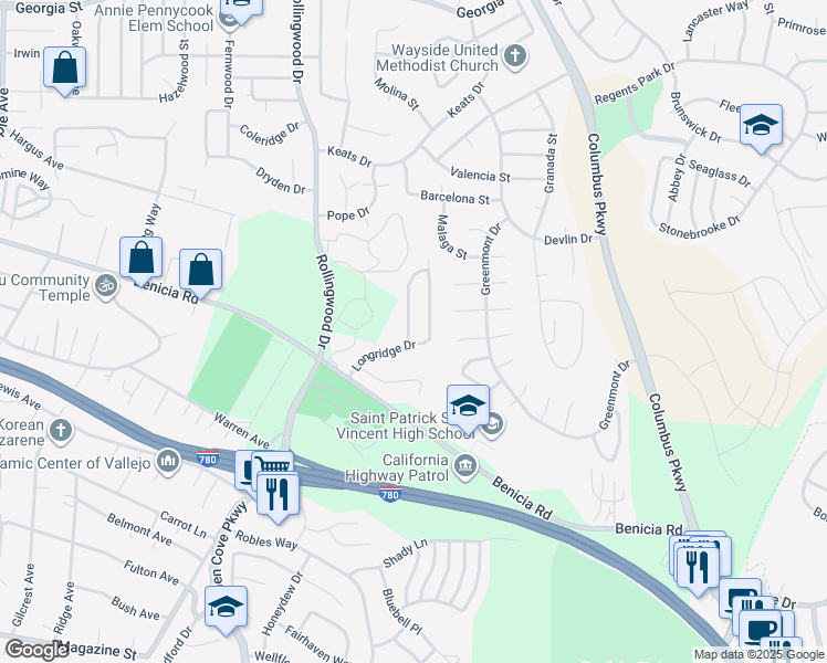 map of restaurants, bars, coffee shops, grocery stores, and more near 108 Sunnyglen Drive in Vallejo