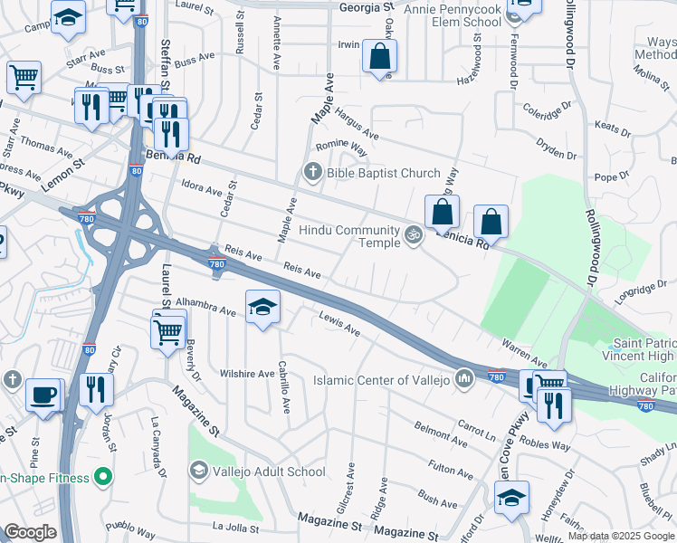 map of restaurants, bars, coffee shops, grocery stores, and more near 206 Home Acres Avenue in Vallejo