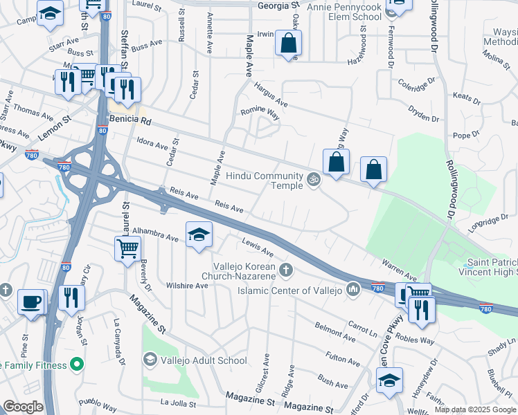 map of restaurants, bars, coffee shops, grocery stores, and more near 206 Home Acres Avenue in Vallejo