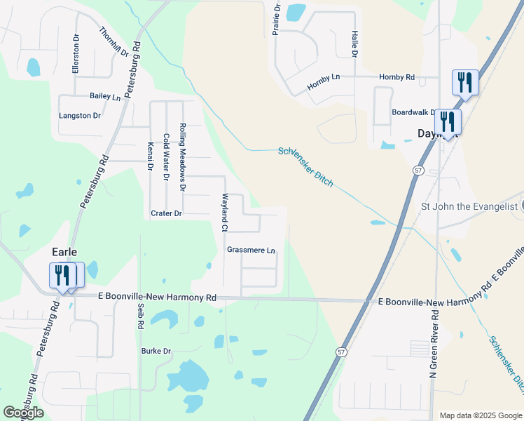 map of restaurants, bars, coffee shops, grocery stores, and more near 3812 Canyon Rock Court in Evansville