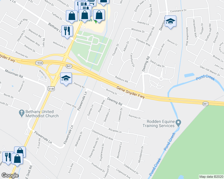 map of restaurants, bars, coffee shops, grocery stores, and more near 5613 Bunning Drive in Louisville