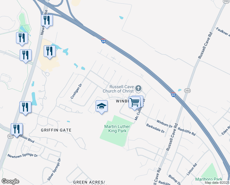 map of restaurants, bars, coffee shops, grocery stores, and more near 1133 Winburn Drive in Lexington