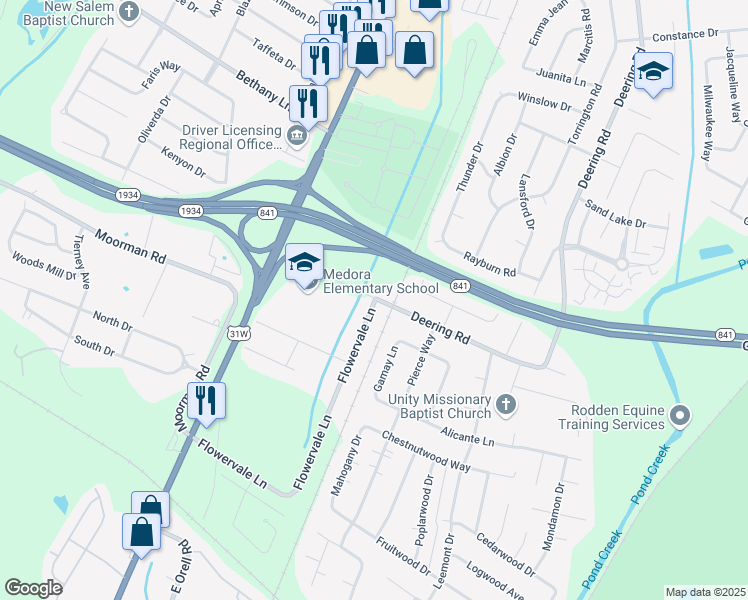map of restaurants, bars, coffee shops, grocery stores, and more near 11403 Flowervale Lane in Louisville