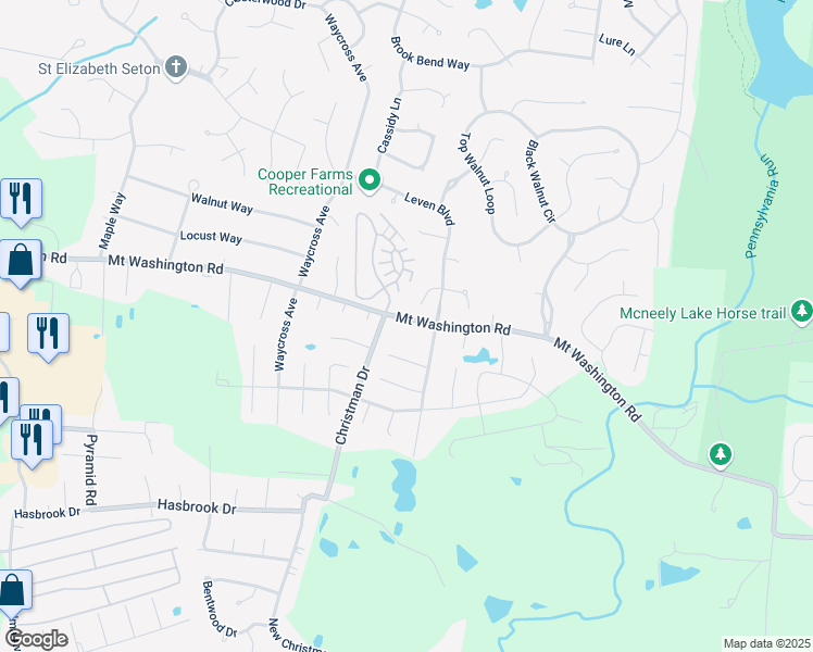 map of restaurants, bars, coffee shops, grocery stores, and more near 10804 Oreland Mill Road in Louisville