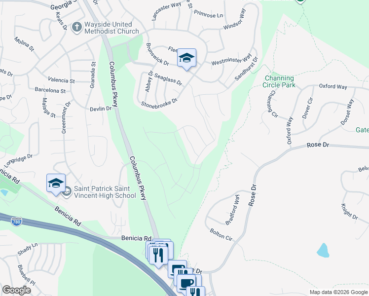 map of restaurants, bars, coffee shops, grocery stores, and more near 8628 Rockaway Drive in Vallejo