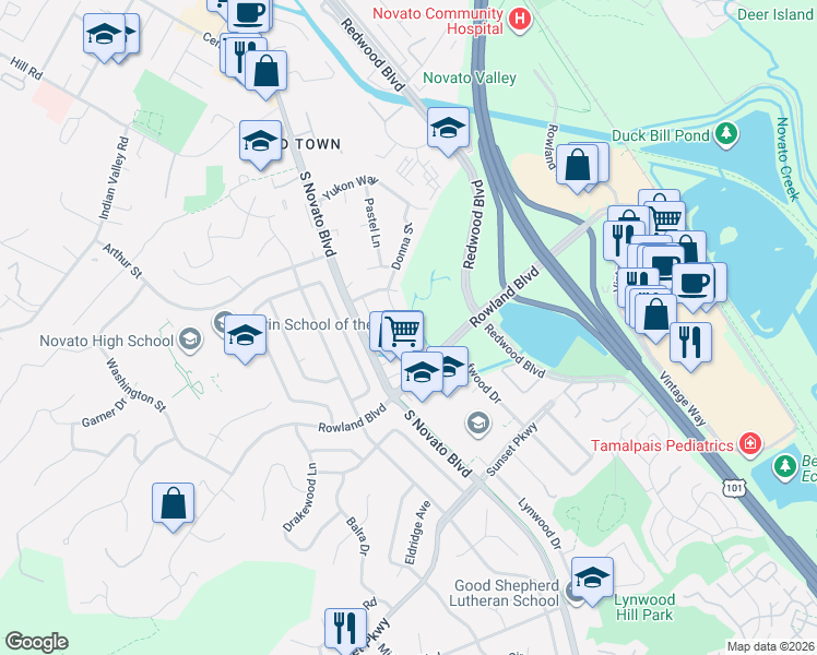 map of restaurants, bars, coffee shops, grocery stores, and more near 1382 Donna Street in Novato