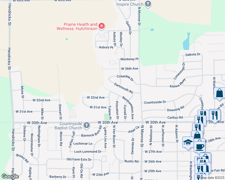 map of restaurants, bars, coffee shops, grocery stores, and more near 700 West 32nd Avenue in Hutchinson