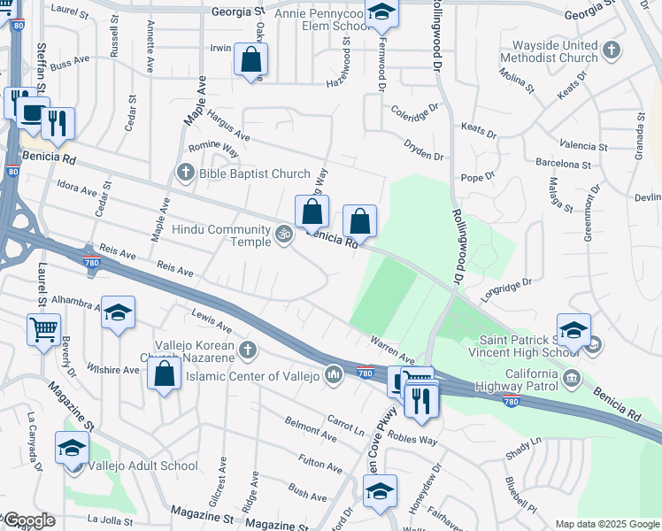 map of restaurants, bars, coffee shops, grocery stores, and more near 1161 Benicia Road in Vallejo