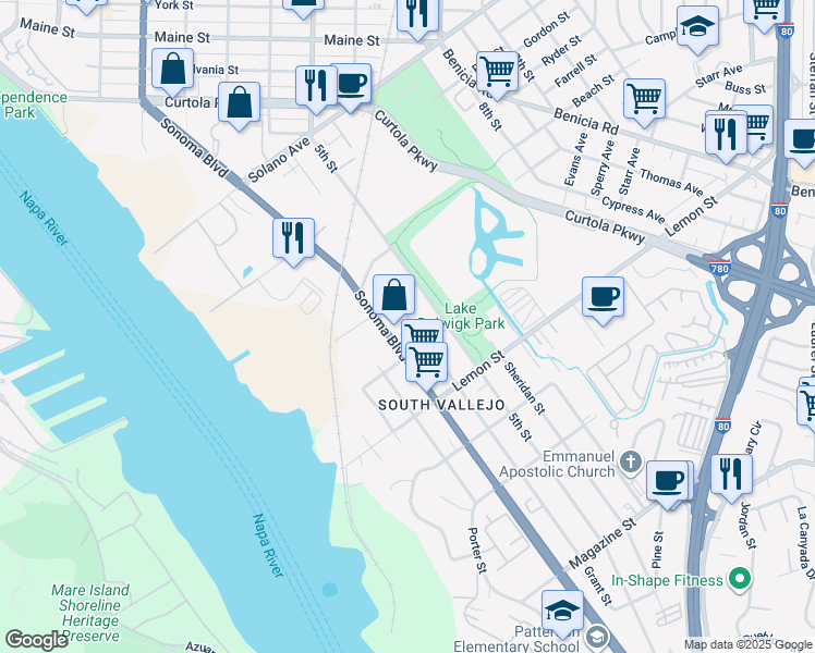 map of restaurants, bars, coffee shops, grocery stores, and more near 435 Grant Street in Vallejo
