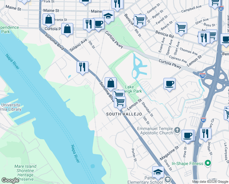 map of restaurants, bars, coffee shops, grocery stores, and more near 503 Grant Street in Vallejo