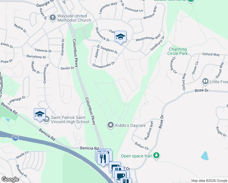 map of restaurants, bars, coffee shops, grocery stores, and more near 8621 Rockaway Drive in Vallejo