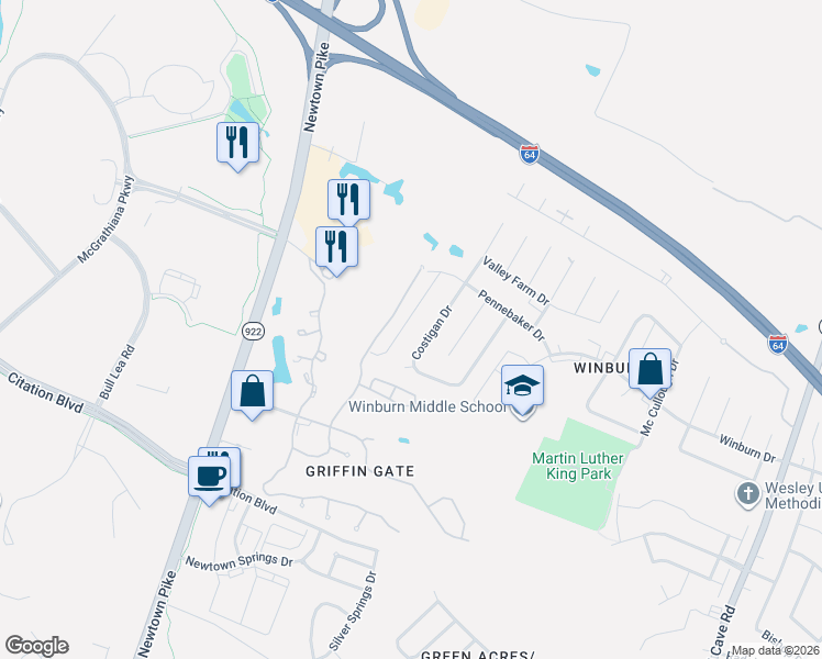 map of restaurants, bars, coffee shops, grocery stores, and more near 1765 Costigan Drive in Lexington