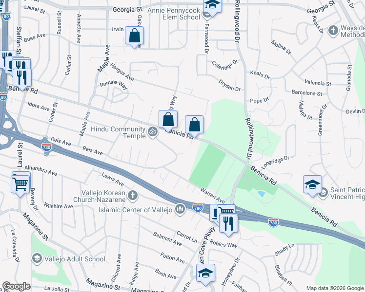 map of restaurants, bars, coffee shops, grocery stores, and more near 1161 Benicia Road in Vallejo