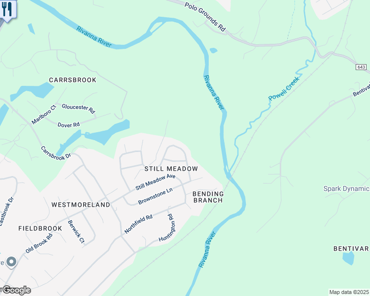 map of restaurants, bars, coffee shops, grocery stores, and more near 1870 River Inn Lane in Charlottesville