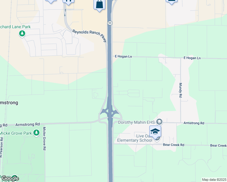 map of restaurants, bars, coffee shops, grocery stores, and more near 12348 California 99 in Lodi