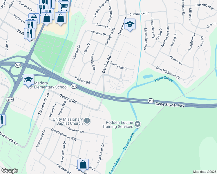 map of restaurants, bars, coffee shops, grocery stores, and more near 11302 Ridge Lake Drive in Louisville