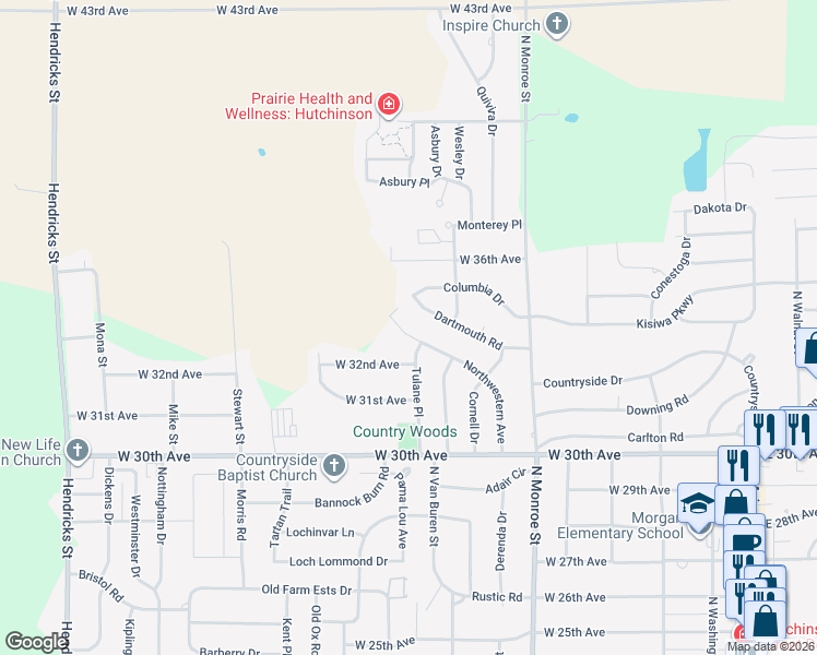 map of restaurants, bars, coffee shops, grocery stores, and more near 3411 Dartmouth Road in Hutchinson