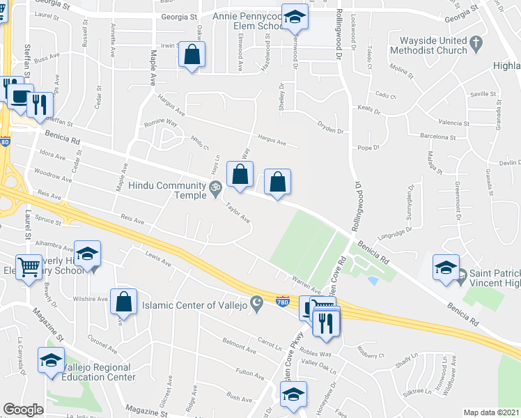 map of restaurants, bars, coffee shops, grocery stores, and more near 1161 Benicia Road in Vallejo