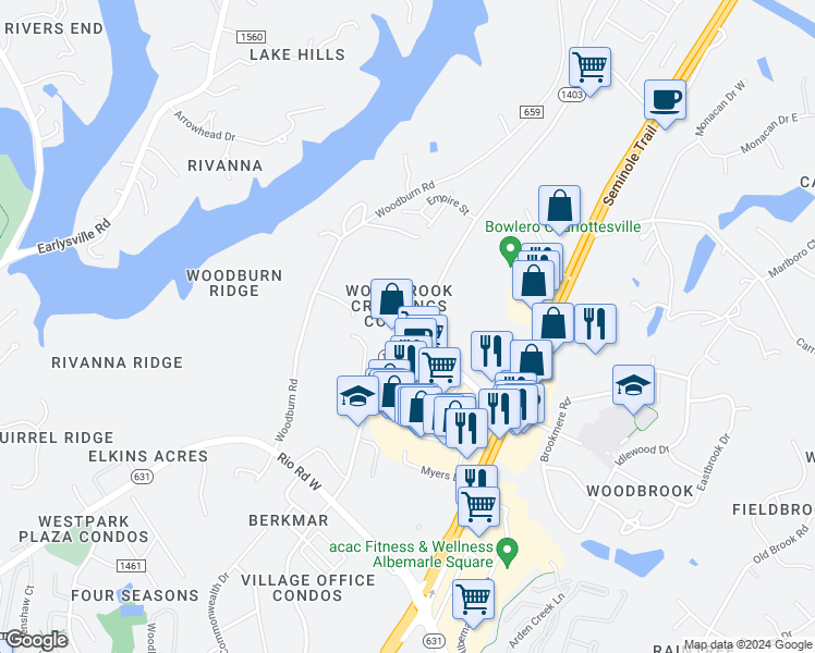 map of restaurants, bars, coffee shops, grocery stores, and more near 2013 Woodbrook Ct in Charlottesville