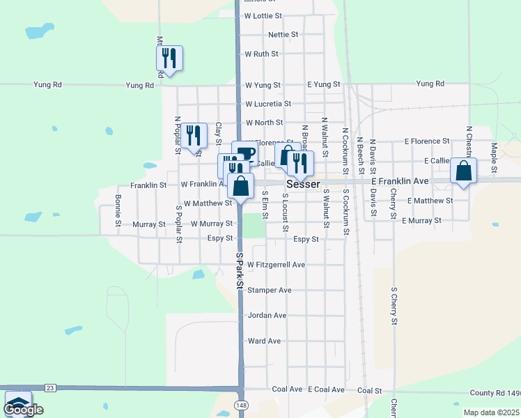 map of restaurants, bars, coffee shops, grocery stores, and more near 300-398 W Matthew St in Sesser