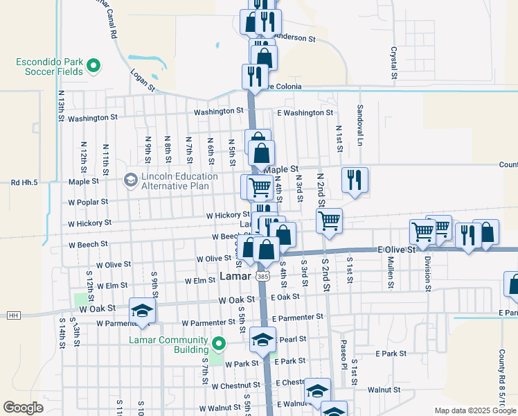 map of restaurants, bars, coffee shops, grocery stores, and more near 122 North Main Street in Lamar