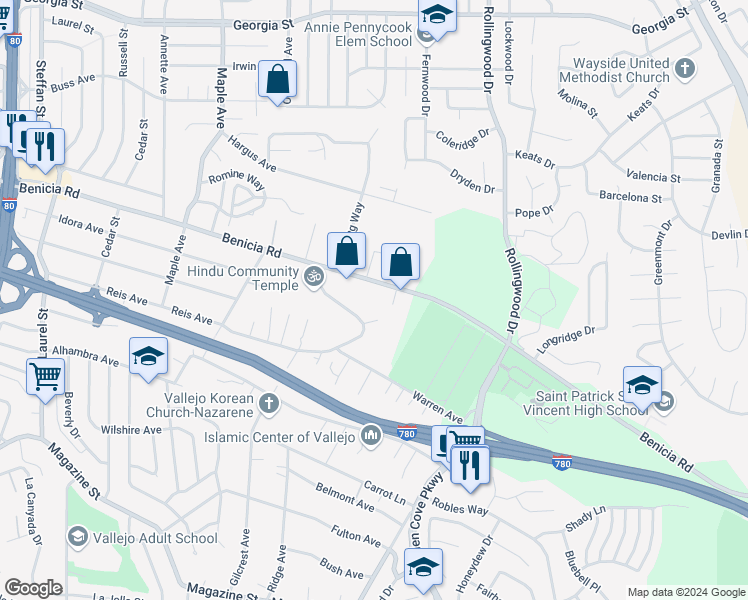 map of restaurants, bars, coffee shops, grocery stores, and more near 1161 Benicia Road in Vallejo