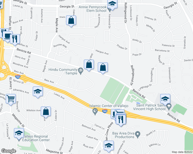 map of restaurants, bars, coffee shops, grocery stores, and more near 1161 Benicia Road in Vallejo