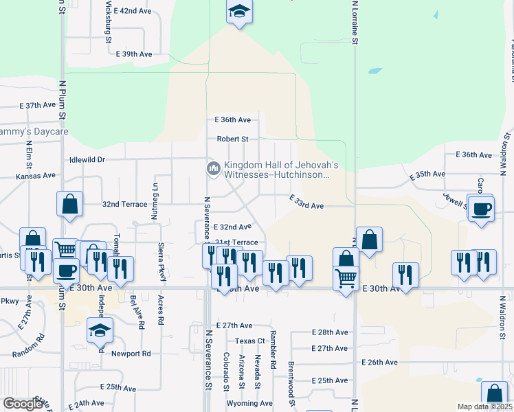 map of restaurants, bars, coffee shops, grocery stores, and more near 3200 Garden Grove Parkway in Hutchinson