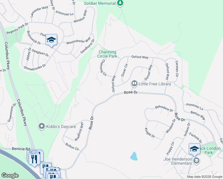 map of restaurants, bars, coffee shops, grocery stores, and more near 893 Oxford Way in Benicia