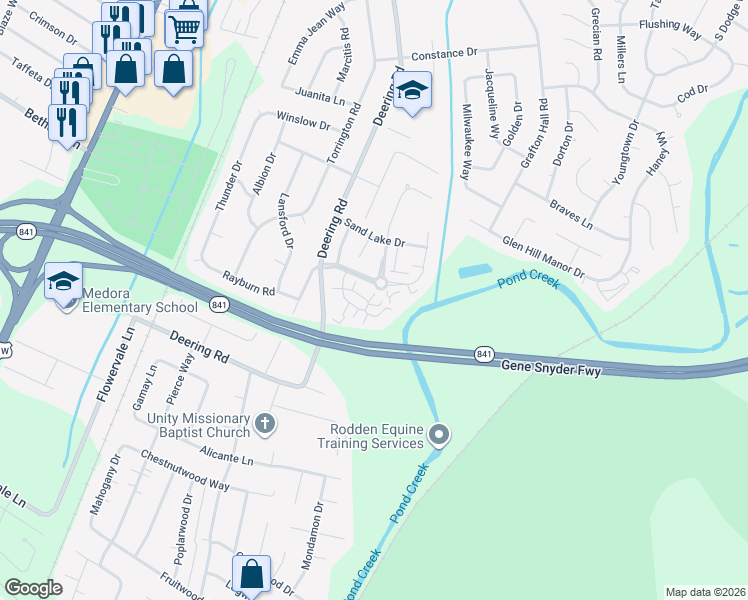 map of restaurants, bars, coffee shops, grocery stores, and more near 11401 Ridge Lake Drive in Louisville